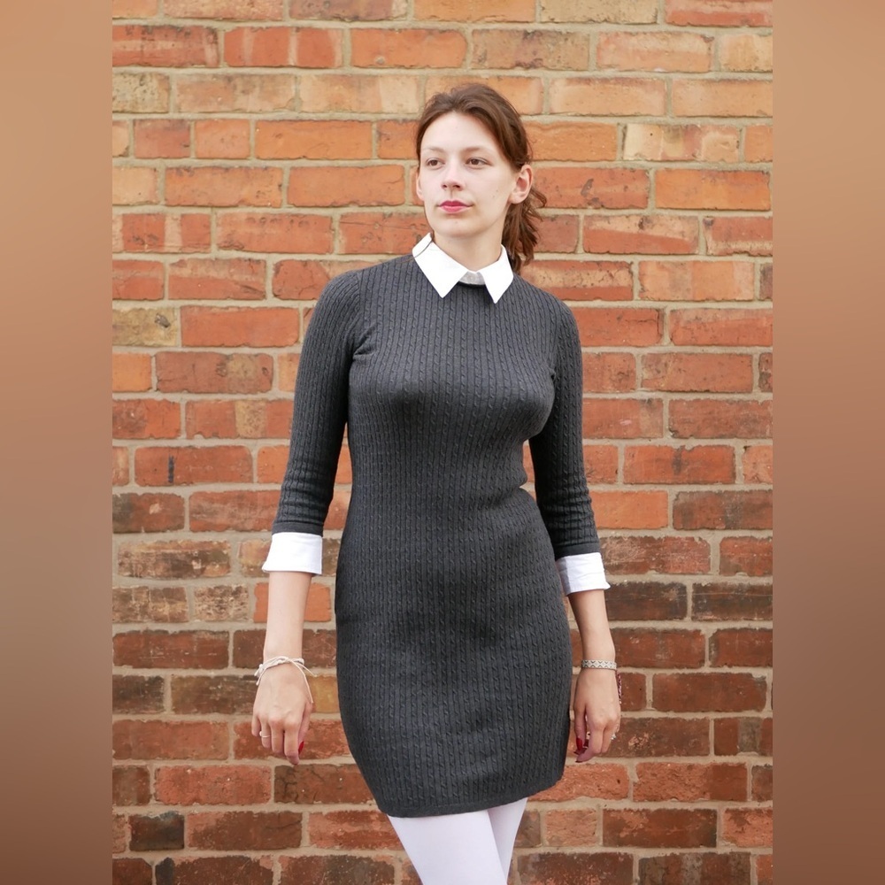 Lauren Ralph Lauren Women’s Size L Gray Sweater Cable Knit Dress White Collared